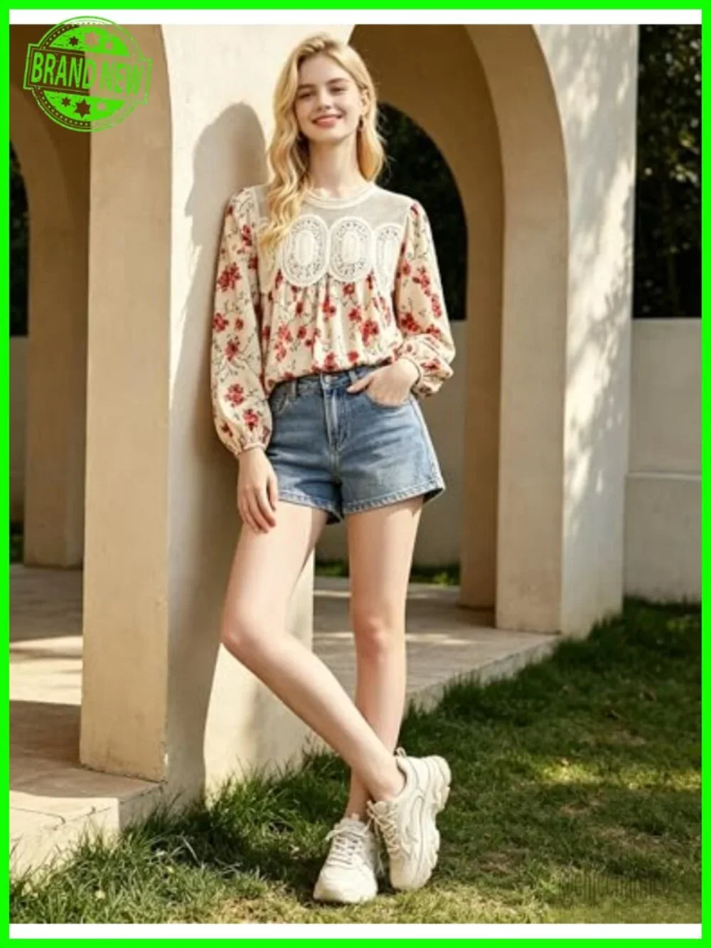 Women's Lace-Detail Poplin Mesh Swing Babydoll Top Long Sleeve Flared Blouse